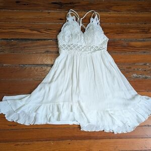 white Free People Adella Dupe half lace slip tunic dress S hippie boho festival